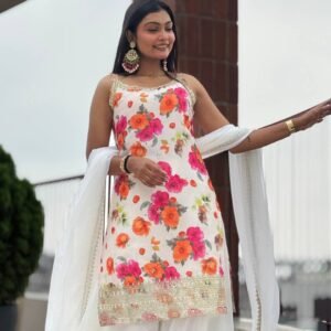 Pure Chinon Silk Printed Embroidered Sharara With Kurti and Dupatta
