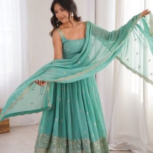 Premium Georgette Sequins Embroidered Anarkali Set -Firozi