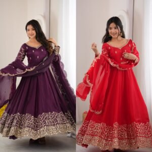 Fendy Silk Sequins Embroidered Anarkali Gown Set -Available 2 Colours