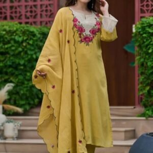 Premium Coral Silk Multi Thread Embroidered Kurti Set-Available 2 Colours