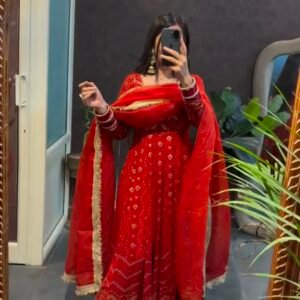 Premium Georgette Sequins Embroidered Red Gown Set