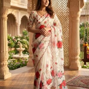 Elegant Soft Tebby Silk Floral Print Katdana Handwork Saree