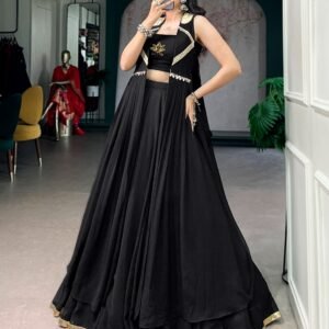 D'naari Crepe Flow Lehanga Shrug and Choli With Lotus Handwork-Black