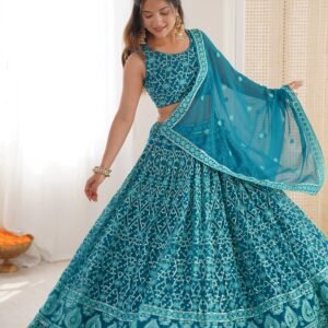 D'naari Premium Georgette Embroidered Sequins Lehanga Choli Set-Firozi