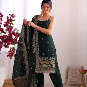 Designer Fendy Silk Green Anarkali Set