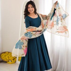 Roman silk Fully Flair Rama Anarkali Set With Tabby Organza Silk Printed Dupatta