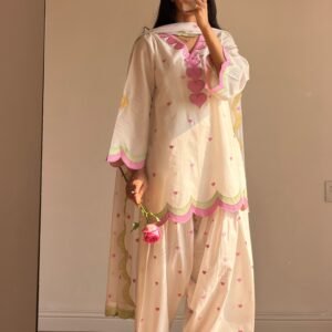 D'naari Mul Chanderi Embroidered Kurti Farsi Bottom And Dupatta