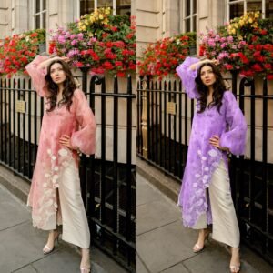 Organza Printed Embroidered Thread Real Mirror Work Ballon Sleeve Shrug with Top Pent