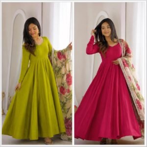 D'naari Pure Roman Silk Chanderi Anarkali Gown Set- Available 2 Colours