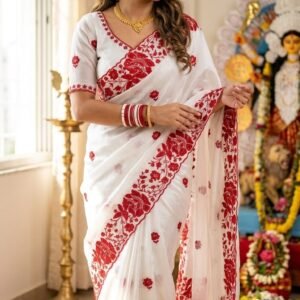D'naari Rangoli Silk Embroidered Thread Sequins Saree-White