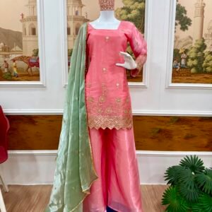 D'naari Pink Kurti Palazzo Contrast Dupatta With Embroidered Sequins work