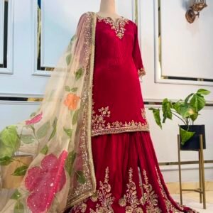 D'naari Pure Chinon Silk Kurti Sharara set With Embroidered Sequins
