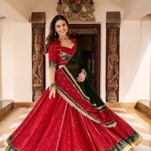 Premium Georgette Kumkum Bandhej Printed Lehanga Choli & Dupatta With Gottapatti Work