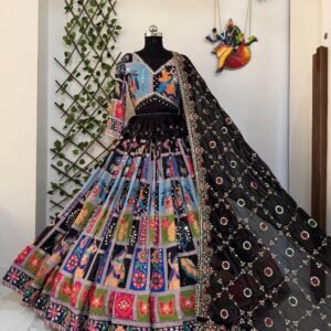 D'naari Premium Muslin Cotton Printed Lehanga Choli & Dupatta Real Mirror Work