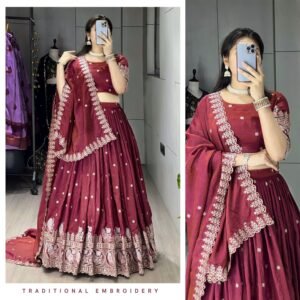 D'naari NC Vichitra Two Toned Burgundy Embroidered Lehanga Choli With Dupatta