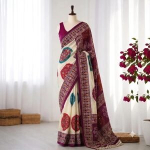 D'naari Trending Ajrakh Satin Viscos Silk Printed Mirror Saree