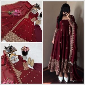 Premium Fandy Silk Embroidered Flower Sequins Anarkali Gown Set-AVAILABLE 9 COLOURS