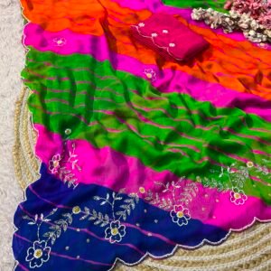 D'naari Moss Multicoloured Lehariya Saree With Butti Handwork
