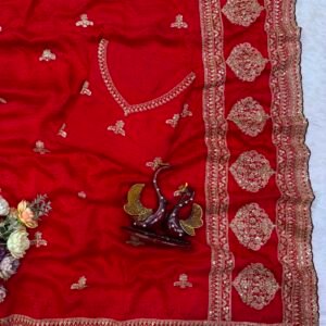 Blooming Vichitra Silk Sequins Embroidered Red Saree