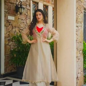 Elegant Salsa Silk Kurti Palazzo & Crop Top With Real Mirror Handwork