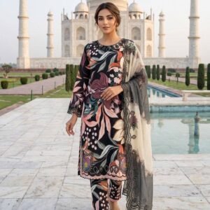 Premium Muslin Printed With Embroidered Cutwork Kurti Set