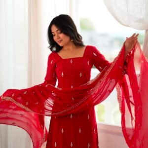 Premium Georgette Red Kurti Set With Embroidered Thread Sequins
