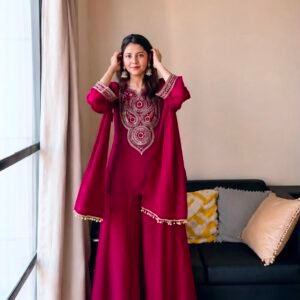 Vichitra Silk Embroidered Sequins Kurti Palazzo Set-Pink