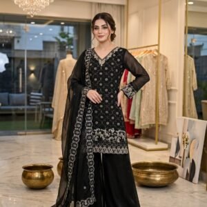Pure Fandy Silk Sequins Embroidered Black Sharara