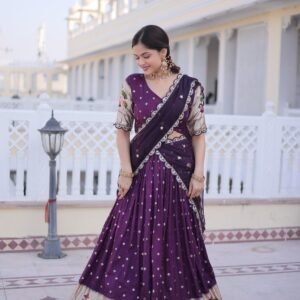 Elegant Dola Silk Lehanga Choli With Dupatta With Embroidered Sequins -Wine Purple