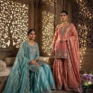 Premium Fandy Silk Embroidered Sequins Sharara Set-Available 2 Colours