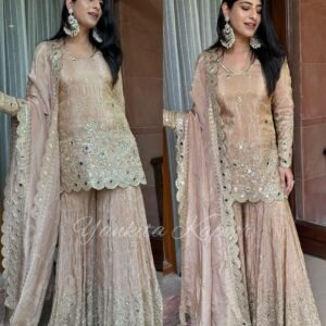 Premium Chinon Silk Sharara Set With Heavy Embroidered & Real Mirror Handwork