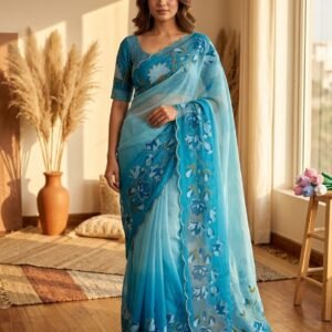 D'naari Exclusive Tabby Silk Floral Printed Katdana Handwork Saree
