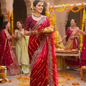 D'naari Superhit Trending Lehariya Saree With Silver Zari Bhungi work -Available 4 Colours