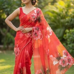 Royal Soft Tabby Silk Floral Printed Sequins Moti Embroidered Handwork Saree
