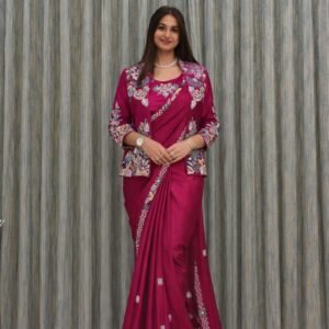 Ready to wear Premium Crepe Satin Saree With Sequins Embroidered Jacket(Koti)-Available 4 Colours