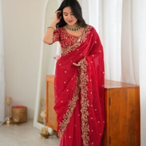 Elegant Fandy Silk Embroidery Thread Sequins Red Saree