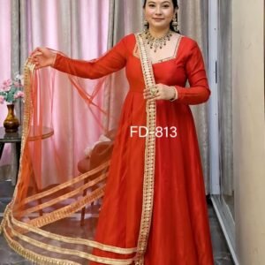 Premium Roman Silk Embroidered Sequins Work Scarlet Red Anarkali Gown Set