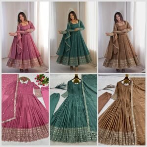 Rangoli Crush Embroidered Sequins Anarkali Gown Set- Available 3 Colours