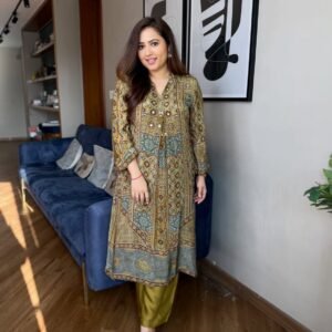 Pure Natural Crepe With Ajarakh Print & Real Mirror Work Kurti Palazzo Set