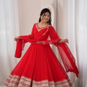 Premium Georgette Embroidered Sequins Red Anarkali Gown Set