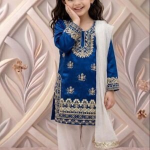 Kid's Fandy Silk Kurti Palazzo & Dupatta with Embroidered Sequins Work-Royal Blue