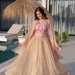 Premium Sindur Silk Indowestern Lehanga Choli & Shrug with Beads Embroidered work