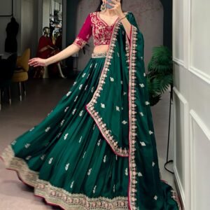 Royal Satin Silk Embroidered Sequins Lehanga Choli & Dupatta-GREEN