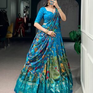 Pure Tasar Silk Kalamkari Printed Lehanga Choli & Dupatta with Foil work-AVAILABLE 7 COLOURS
