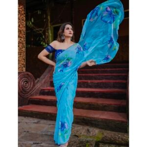 D'naari Elegant Chiffon Floral Printed Handwork Saree-AVAILABLE 7 COLOURS