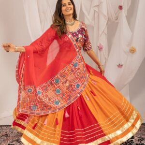 Elegant Georgette Lace work Lehanga Dupatta & Embroidered Mirror Choli