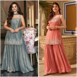 Pure Fandy Silk Thread Embroidered Sequins Kurti Palazzo With Dupatta-Available 2 Colours