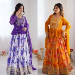 Georgette Printed 4 Piece Lehanga Set with Sequins Embroidered-Available 2 Colours