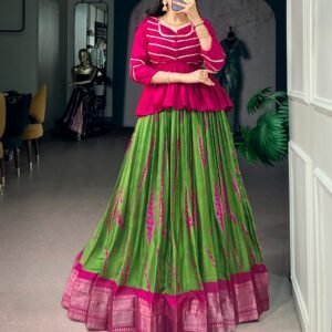 Dola Silk Shibori Printed Zari Weaving Lehanga & Top