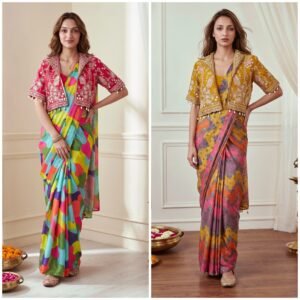 Chinon Printed Ready to Wear Saree With Embroidered Jacket-Available 2 Colours